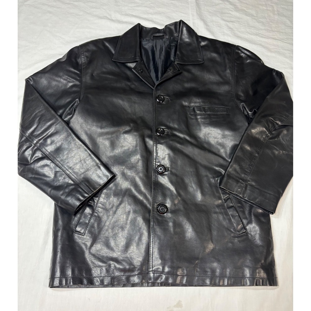 Mens Black Leather Button Front Car Coat Jacket Classic Fit Lined